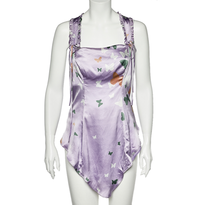 Pre-owned Valentino Lilac Butterfly Printed Silk Satin Asymmetric Hem Camisole M In Purple
