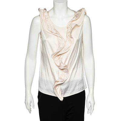 Pre-owned Ch Carolina Herrera Pink Silk Satin Ruffled Sleeveless Top L