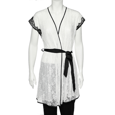 Pre-owned Oscar De La Renta Monochrome Lace Nightwear Wrap Dress M In White