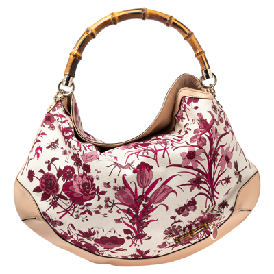 Pre-owned Gucci White/pink Floral Canvas And Leather Peggy Bamboo Handle Hobo