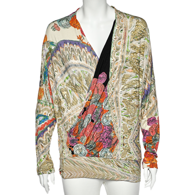 Pre-owned Class By Roberto Cavalli Class Cavalli Multicolor Printed Knit Draped Top L