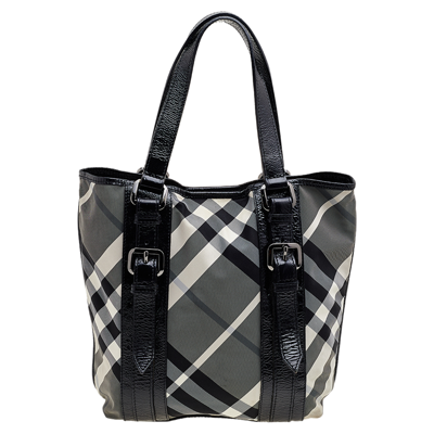 Pre-owned Burberry Black Beat Check Nylon And Patent Leather Lowry Tote