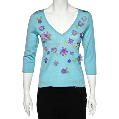 Pre-owned Moschino Cheap And Chic Blue Wool Floral Applique V-neck Sweater M