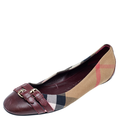 Pre-owned Burberry Beige/burgundy Nova Check Canvas And Leather Ballet Flats Size 35