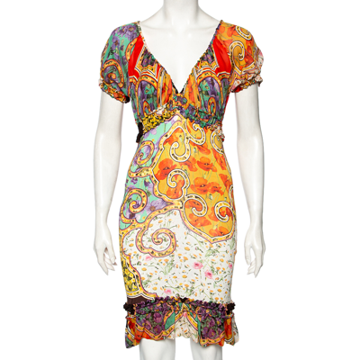 Pre-owned Roberto Cavalli Multicolor Printed Silk & Jersey Dress S