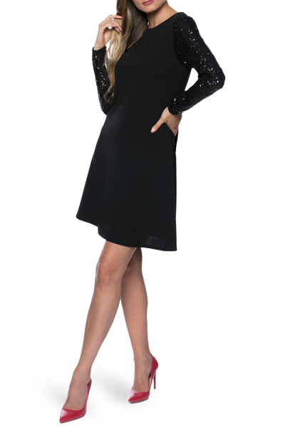 Marina Sequin Long Sleeve Shift Dress In Black