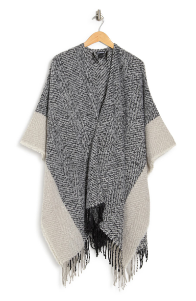 Steve Madden Oversized Herringbone Fringe Trim Ruana In Black | ModeSens