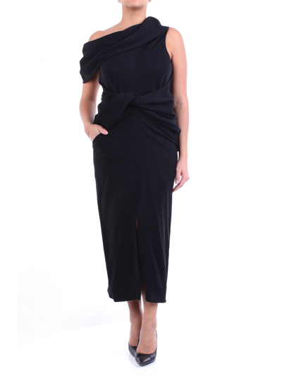 Ambush One-shoulder Draped Twisted Twill Midi Dress In Black