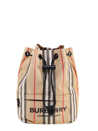 Burberry Phoebe Icon Stripe Drawstring Bucket Bag In Beige