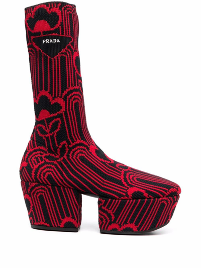 Prada Women's  Black Other Materials Ankle Boots In Red