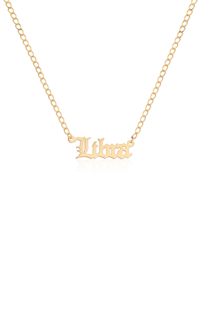 Gabi Rielle Zodiac Sign Gothic Script Necklace In Gold-libra