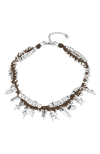 Unode50 Deep Sea Silver Plated Leather Strand Beach Charm Choker Necklace In Silver-brown