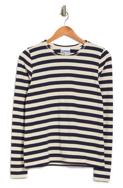 Ganni Striped Cotton Jersey Pullover In Nature/dress Blues