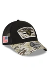 NEW ERA NEW ERA BLACK/CAMO LAS VEGAS RAIDERS 2021 SALUTE TO SERVICE TRUCKER 9FORTY SNAPBACK ADJUSTABLE HAT,4239754