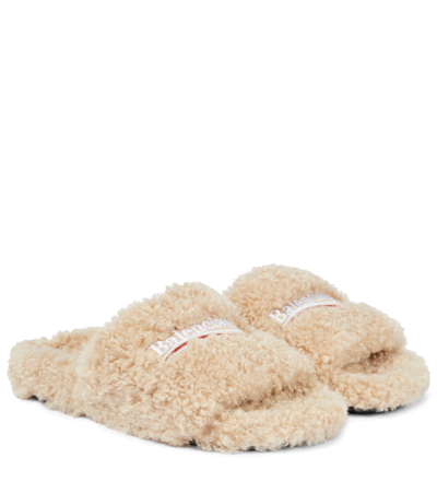 Balenciaga Furry Logo-embroidered Faux Shearling Slides In Beige