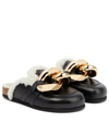 Jw Anderson Embellished Leather And Shearling Slippers In Black