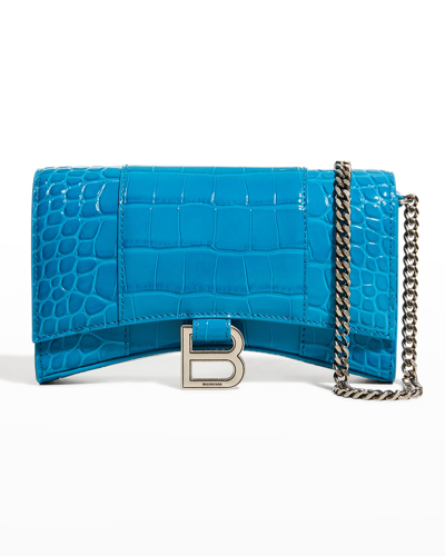 Balenciaga Hourglass Croc Embossed Leather Wallet On A Chain In Turquoise