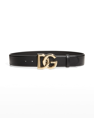 Dolce & Gabbana Smooth Calfskin Logo Belt In 80999 Nero