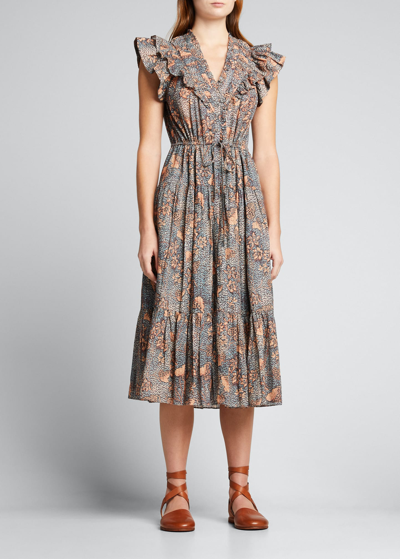 ULLA JOHNSON ROMINA FLUTTER-SLEEVE MIDI DRESS PROD169600081