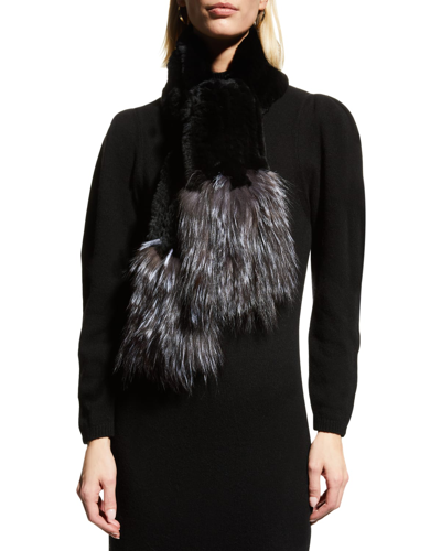 Adrienne Landau Rabbit & Fox Fur Knit Scarf In Black/silv