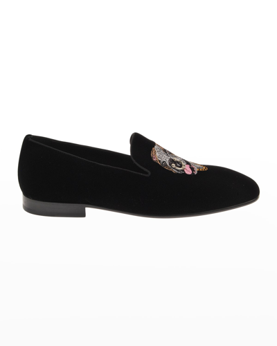 John Richmond Men's Dog-embroidered Velvet Loafers In Black