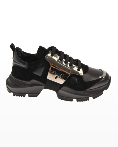 Les Hommes Men's Colorblock Mix-leather Chunky Sneakers In Black