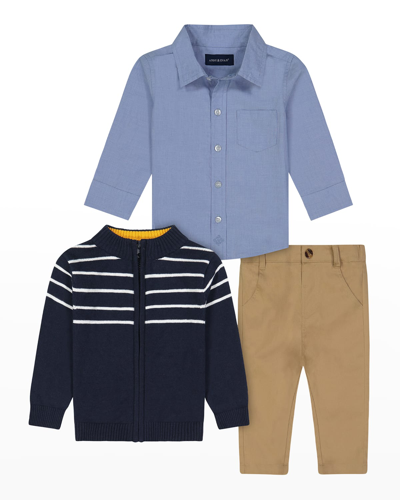 Andy & Evan Babies' Little Boy's 3-piece Striped Zip-up Sweater, Button-up Shirt & Pants Set In Blue