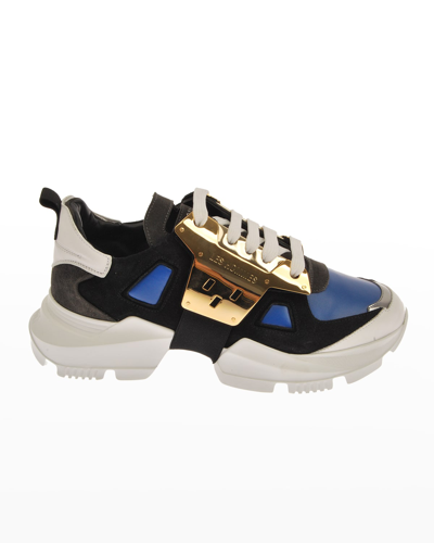 Les Hommes Men's Colorblock Mix-leather Chunky Sneakers In Blu