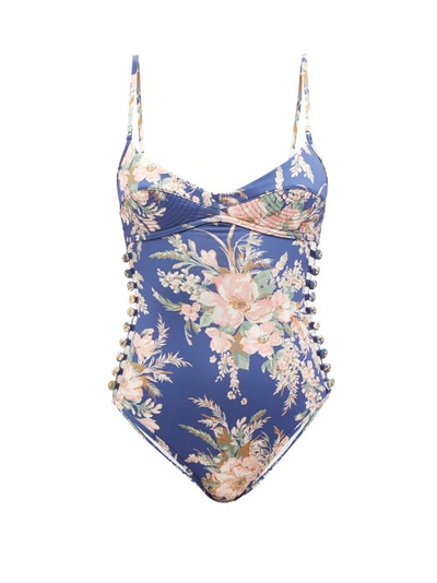 Zimmermann Moonshine Bullet Button-detailed Cutout Floral-print Swimsuit In Blue