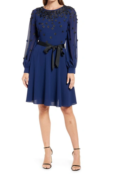 Shani Floral Embellished Long Sleeve Dress In Blue