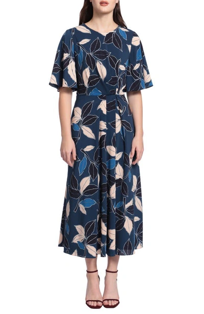 Maggy London Floral Midi Dress In Teal Blue/ Cream