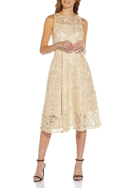 Adrianna Papell Floral Embroidered Fit & Flare Midi Dress In Light Champagne