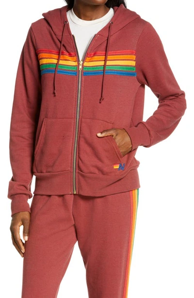 Aviator Nation 5-stripe Zip Hoodie In Claret/ Neon Pink Rainbow