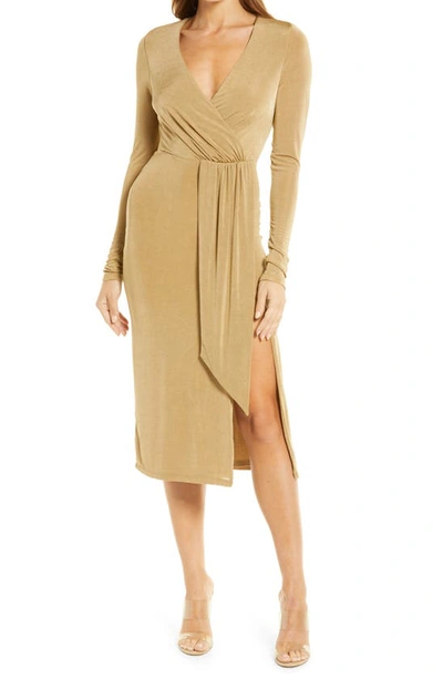 Good American Shimmer Long Sleeve Faux Wrap Dress In Pale Gold001 | ModeSens
