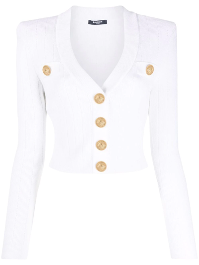 BALMAIN LOGO-BUTTON CROPPED KNITTED CARDIGAN