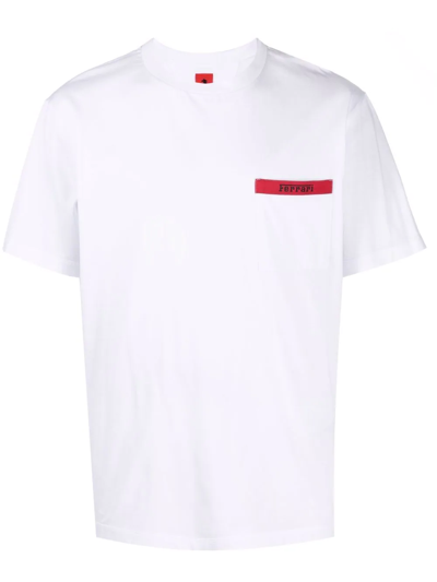 Ferrari Logo Embroidery Cotton T-shirt W/ Pocket In White