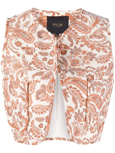 Maje Veracota Paisley-print Padded Cotton And Linen-blend Gilet In Orange
