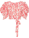 Miu Miu Puff-sleeve Floral Silk Open-back Crop Top In Rot