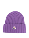 Moncler Logo Patch Rib Wool Beanie In Lavender
