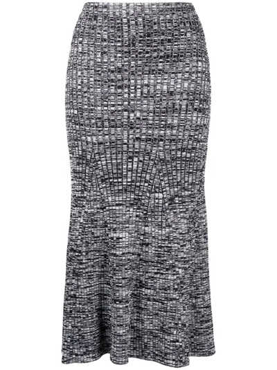 Self-portrait A-line Ribbed Stretch-knit Midi Skirt In Black White