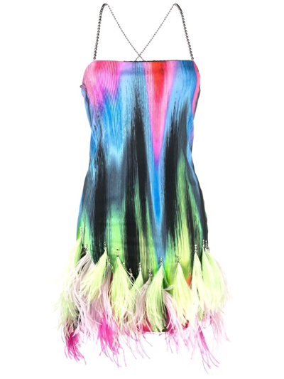 Attico Fujiko Feather And Crystal-embellished Printed Jersey Mini Dress In Multicolor V1