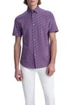 BUGATCHI TECH PINEAPPLE PRINT KNIT SHORT SLEEVE STRETCH COTTON BUTTON-UP SHIRT,VF9203F40