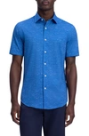 Bugatchi Tech Slub Knit Short Sleeve Stretch Cotton Button-up Shirt In Classic Blue