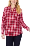 Foxcroft Rhea Plaid Button-up Tunic Shirt In Scarlet Flame