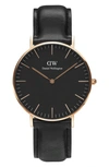 Daniel Wellington Unisex Classic Sheffield Black Leather Watch 36mm In Black / Rose Gold