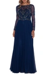 Xscape Embellished Long Sleeve Chiffon A-line Gown In Navy/ Antique