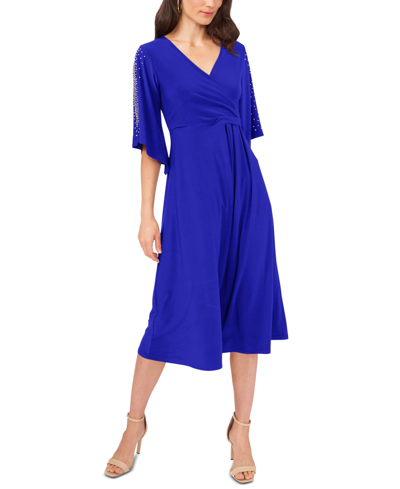 Msk V-neck Beaded-sleeve Midi Dress In Royal