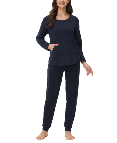 Beautyrest Plus Size Kangaroo Long Sleeve Top With Jogger Set In Navy