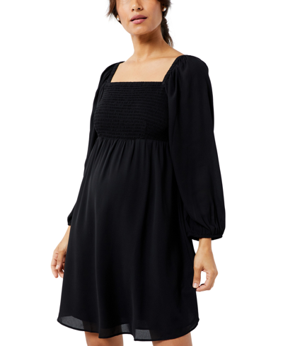 A Pea In The Pod Smocked Bodice Puff Sleeve Woven Maternity Top In Black