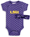 TWO FEET AHEAD INFANT BOYS AND GIRLS PURPLE LSU TIGERS HEARTS BODYSUIT AND HEADBAND SET, 2 PACK
